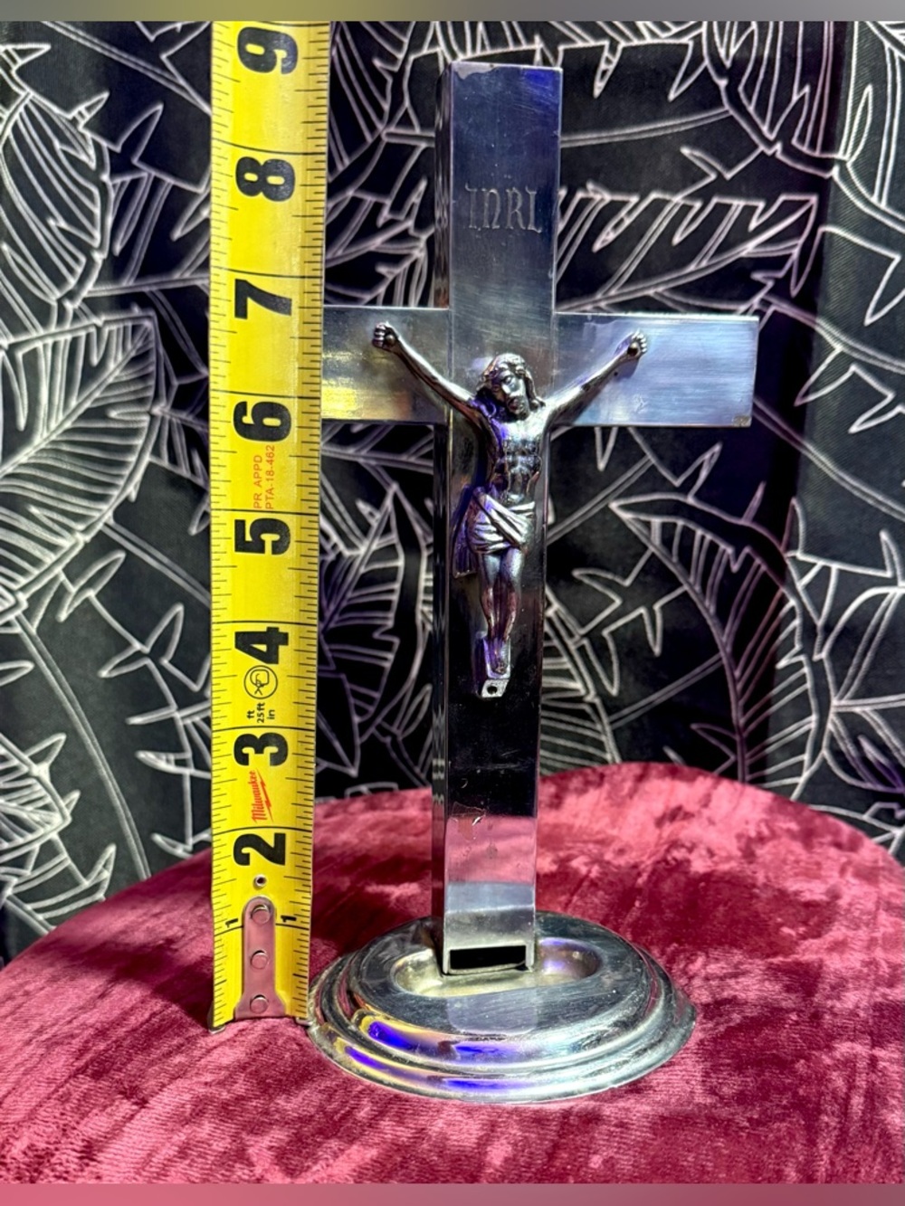 Vintage Standing Crucifix Chrome Holy Water Font Religious Decor
